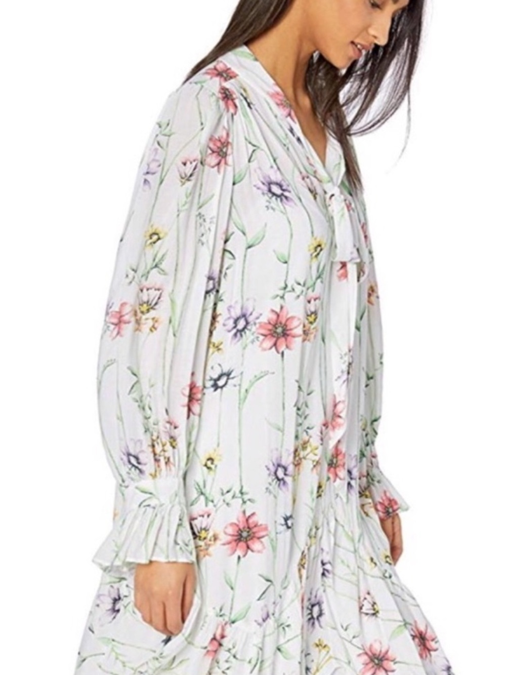 BCBGMaxAzria White Floral Tie-Neck Long Sleeve Maxi Dress